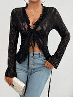 Bell Sleeve Slim-Fit Lace Top - Black