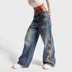 High-Waist Washed Embroidered Loose Straight Jeans - Blue
