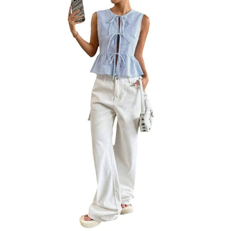 3D Print Drawstring Sleeveless Tank Top - Blue