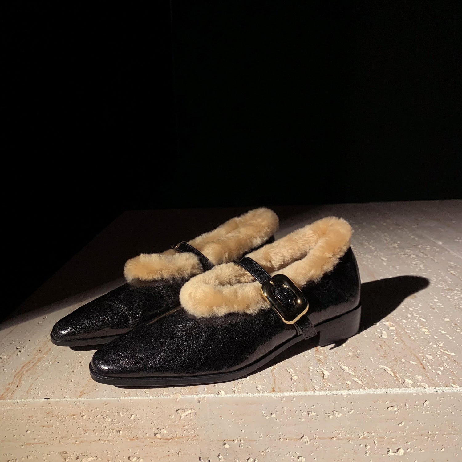 Genuine Sheepskin Pointed Toe Ankle Strap Flat Shoes