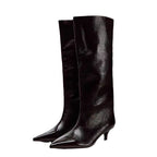 British Style Pointed Toe Mid-Heel Knee-High Boots