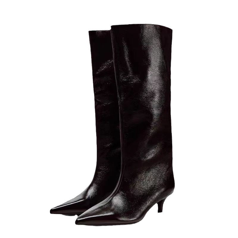 British Style Pointed Toe Mid-Heel Knee-High Boots