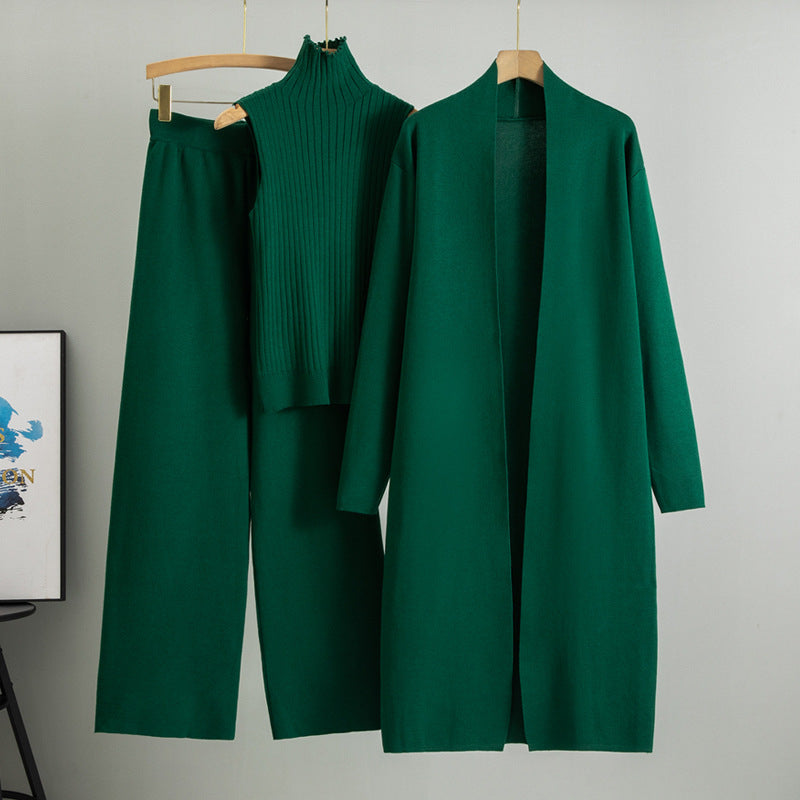 Knit Vest & Long Cardigan & Wide-Leg Pants 3-Piece Set - Dark Green