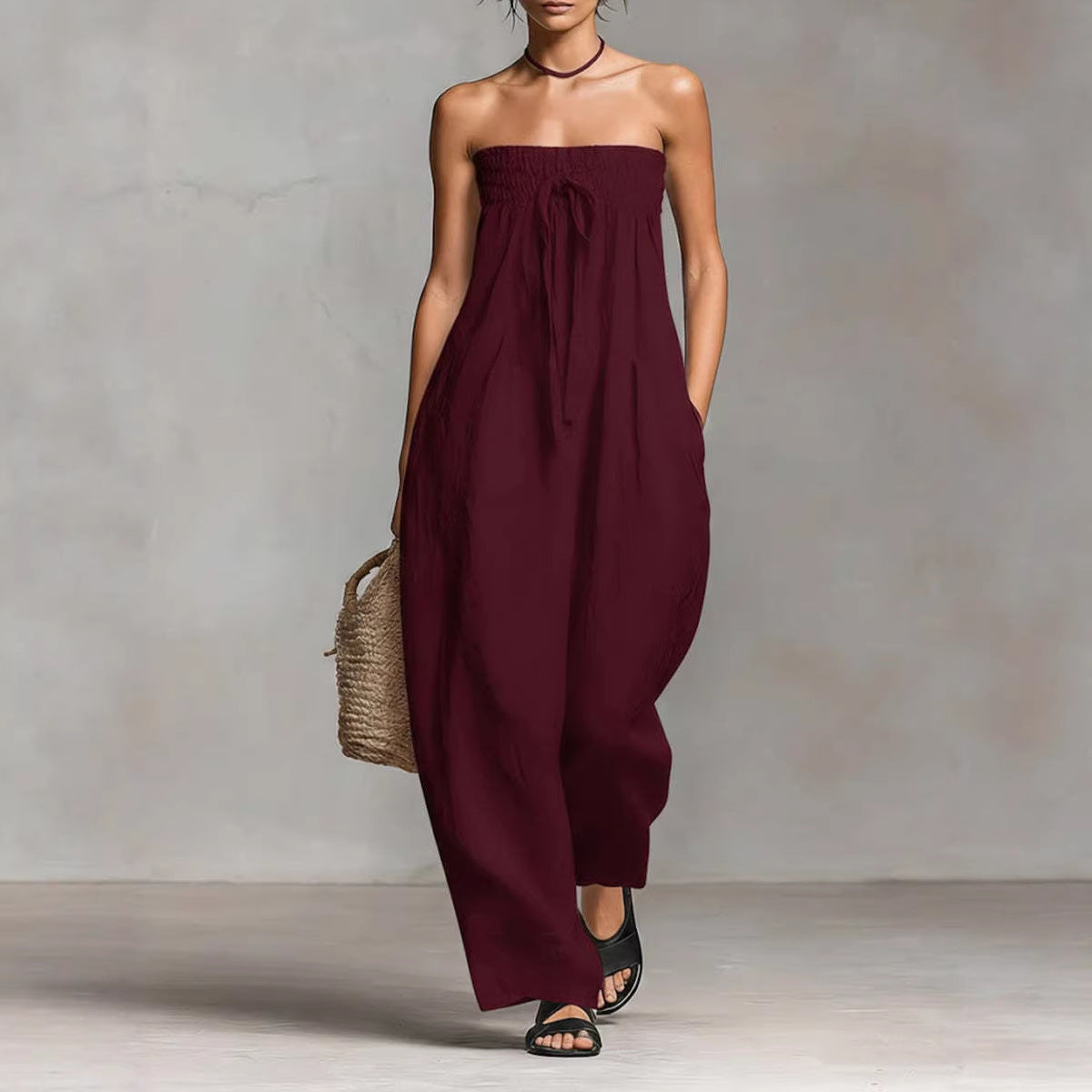Women's Strapless Ruched Jumpsuit - Wine Red