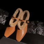Genuine Sheepskin Pointed Toe Ankle Strap Flat Shoes