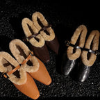 Genuine Sheepskin Pointed Toe Ankle Strap Flat Shoes