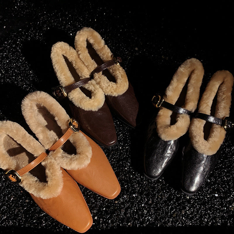 Genuine Sheepskin Pointed Toe Ankle Strap Flat Shoes