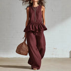 Pleated Tank Top & Wide-Leg Pants Set - Wine Red