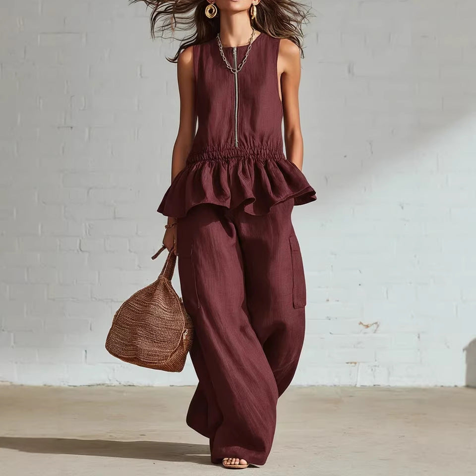 Pleated Tank Top & Wide-Leg Pants Set - Wine Red