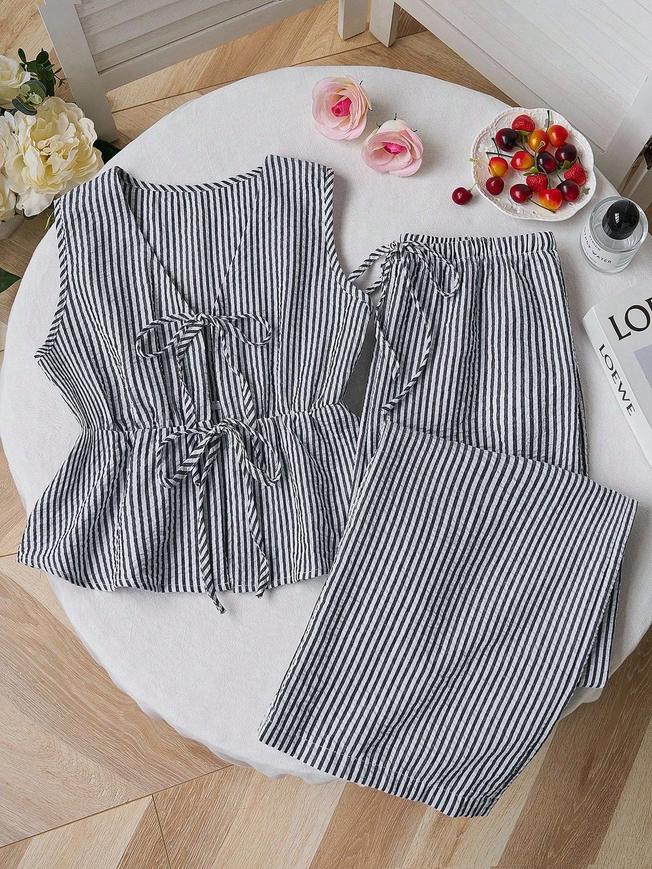Striped Tank Top & Solid Pants Two-Piece Set - Black 