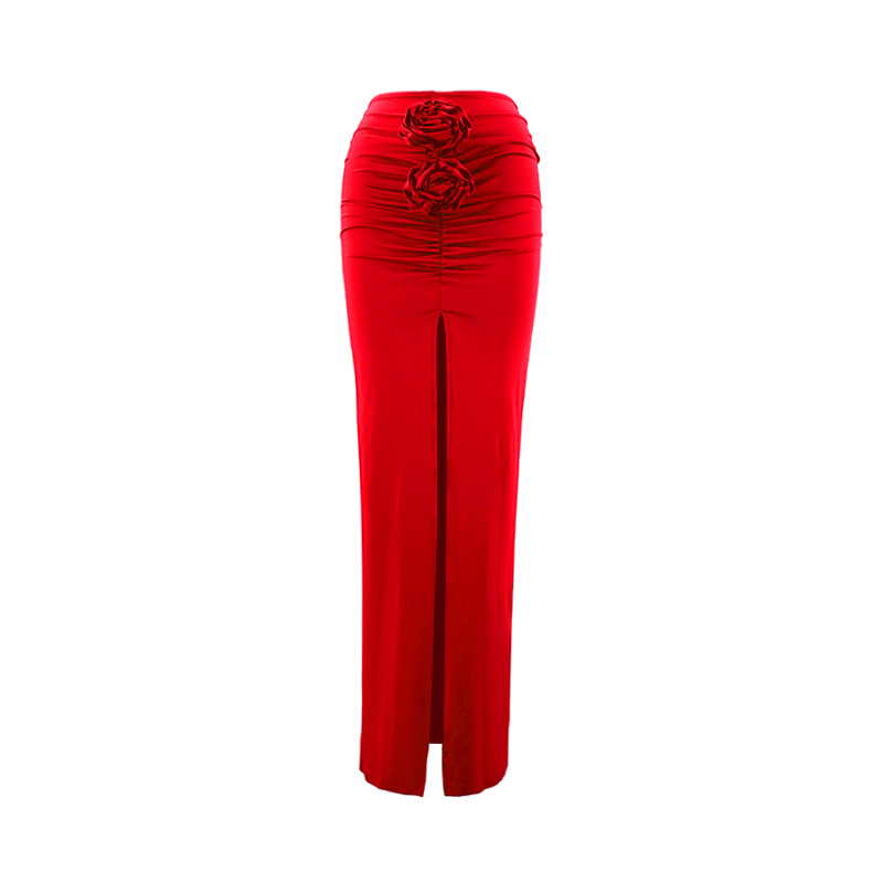 Solid Color Slim Fit 3D Flower Split Drape Long Skirt - Red