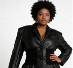 PU Leather Patchwork Knit Waisted Long Sleeve Coat