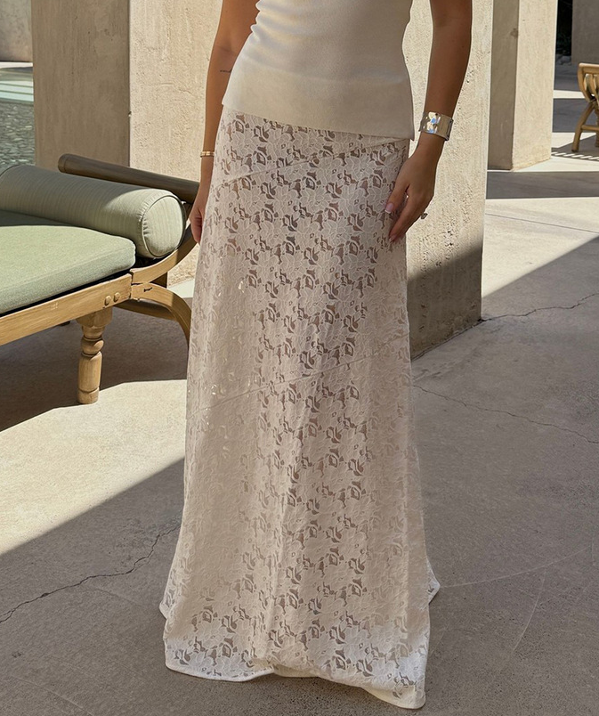 White Jacquard Sheer Low-Waist Lace Long Skirt