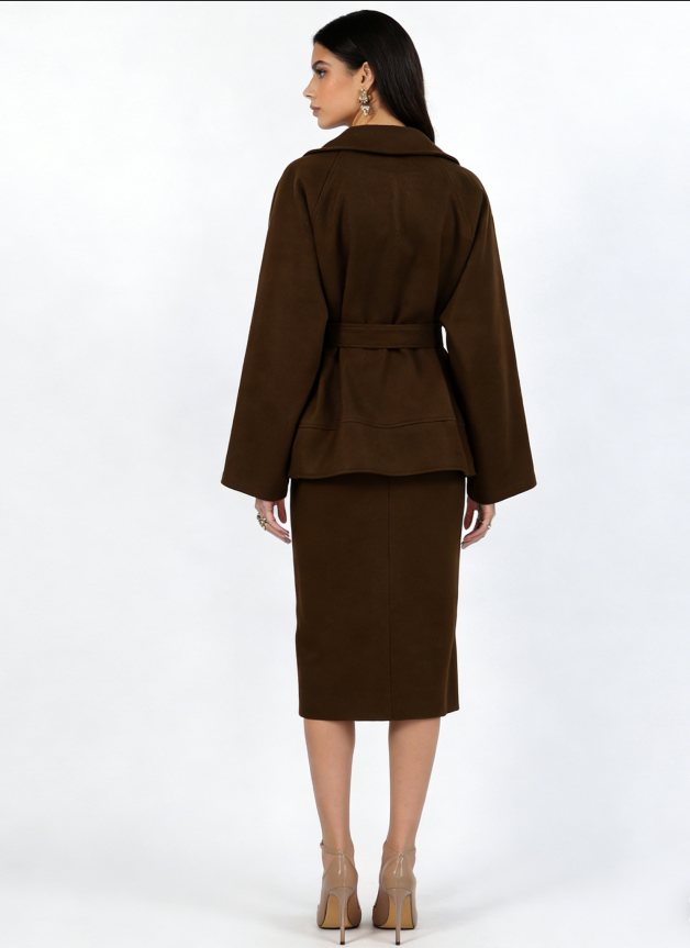 Retro Lace-Up Belted Woolen Coat - Brown