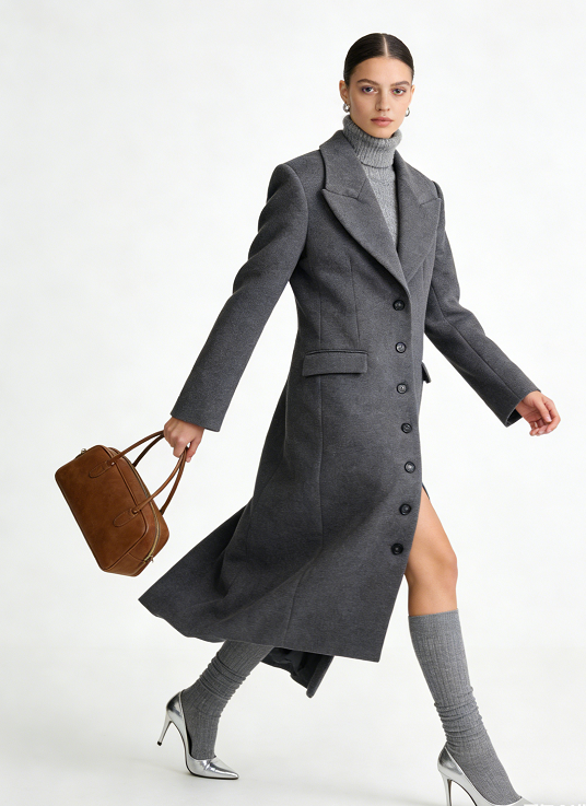 Double-Breasted Long Button Wool-Blend Winter Coat - Gray