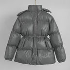 Hooded Drawstring Slim Zip-Up Cotton-Padded Coat - Dark Gray