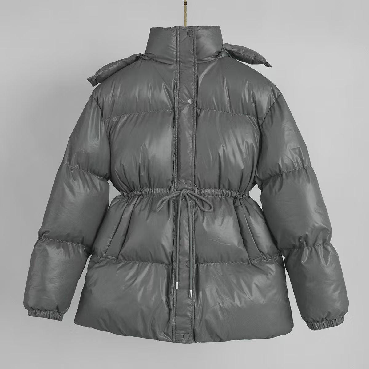 Hooded Drawstring Slim Zip-Up Cotton-Padded Coat - Dark Gray