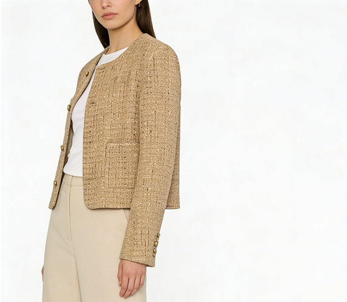 Patchwork Pocket Long Sleeve Short Coat - Beige