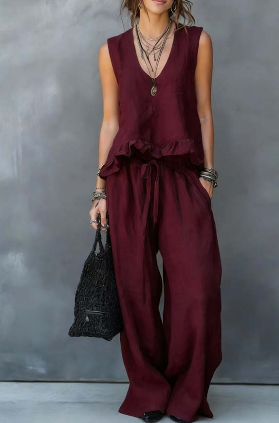 V-Neck Sleeveless Ruffle Hem Top & Wide-Leg Pants Set - Wine Red
