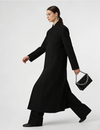 Faux Fur Collar Shoulder-Padded Waist-Cinching Long Wool Coat - Black