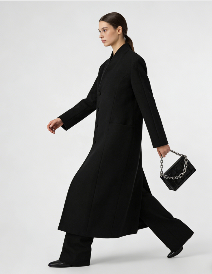 Faux Fur Collar Shoulder-Padded Waist-Cinching Long Wool Coat - Black