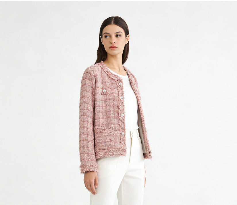 Plaid Tweed Loose Long Sleeve Cardigan Coat - Pink
