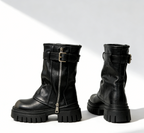 Denim Leather Lace-Up Chunky Heel Ankle Boots