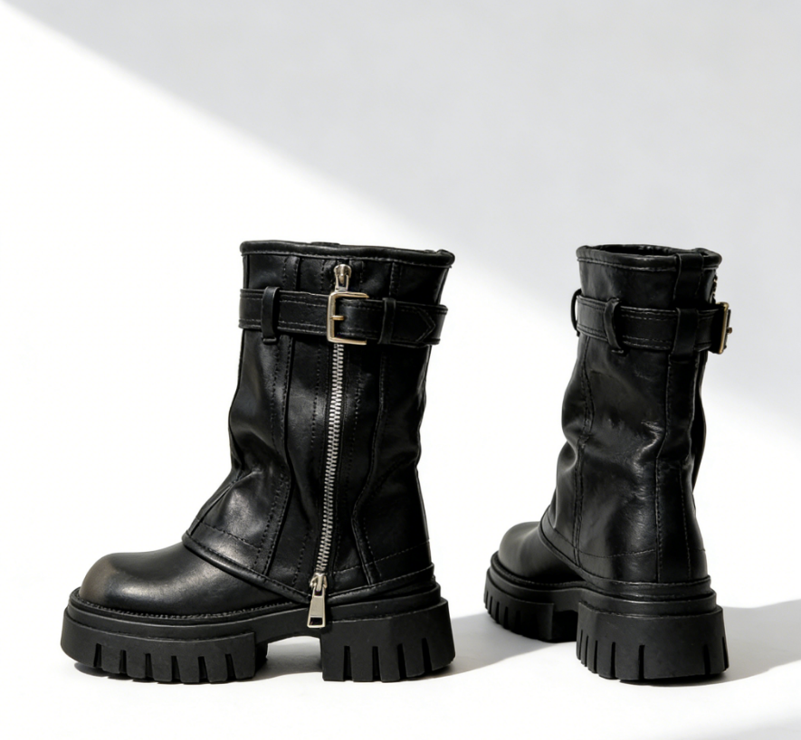 Denim Leather Lace-Up Chunky Heel Ankle Boots