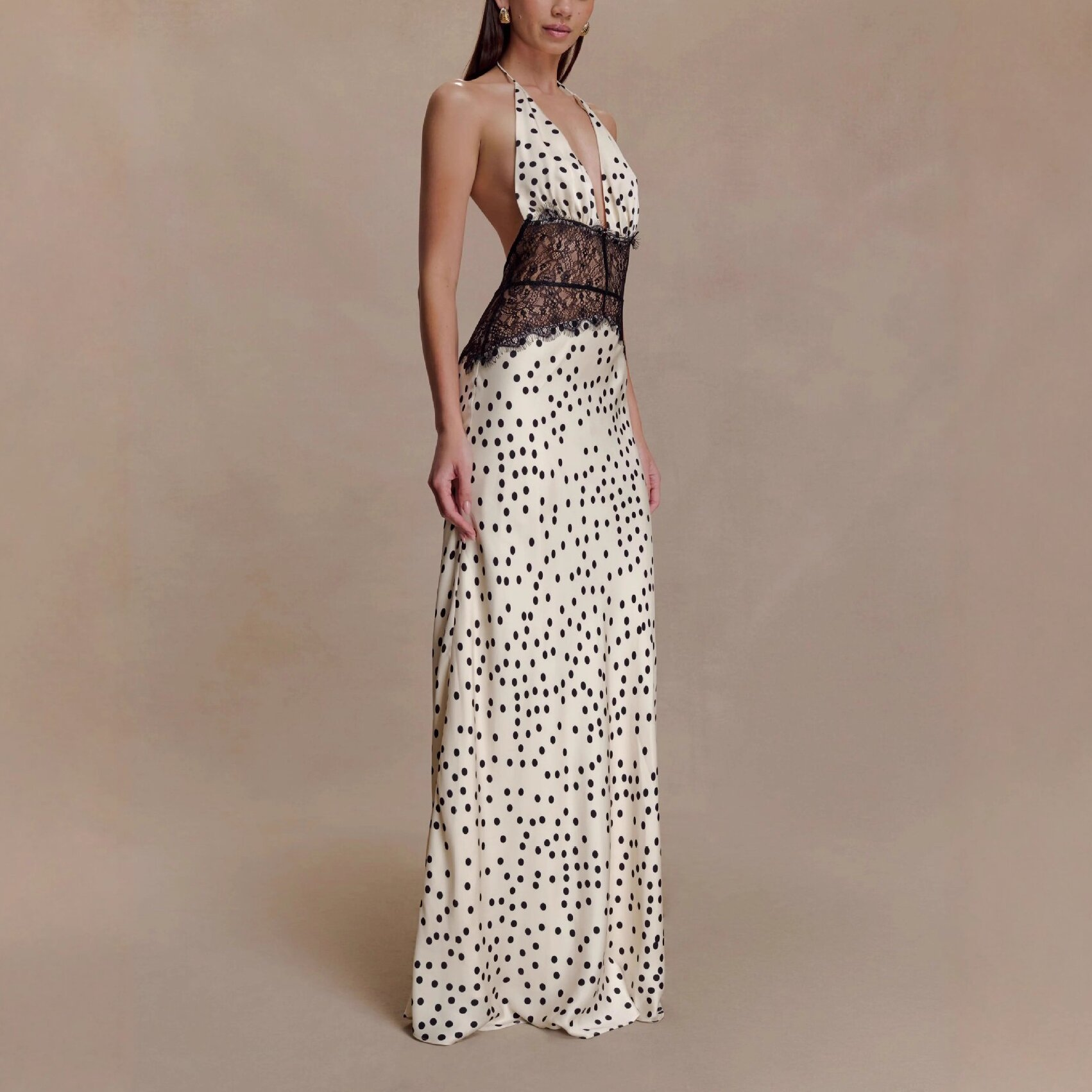 Polka Dot Halterneck High Waist Lace Maxi Dress