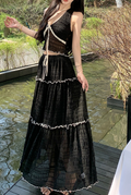 Women's Backless Lace Up Off-Shoulder Two-Piece Suit in Black - High Waist Pleated Long Skirt Set