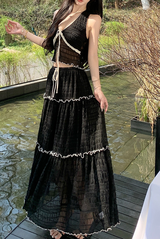 Women's Backless Lace Up Off-Shoulder Two-Piece Suit in Black - High Waist Pleated Long Skirt Set