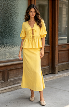 Puff Sleeve Lace-Up Top & Pleated Maxi Skirt Set - Yellow