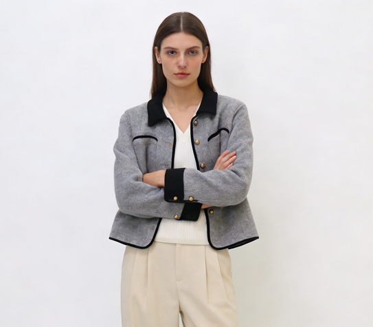 Korean Color-Block Wool Pocket Short Coat - Gray