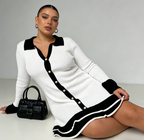 Black White Ruffle High Waist Knit Mini Dress - Black And White
