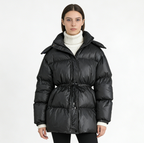 Hooded Drawstring Slim Zip-Up Cotton-Padded Coat - Black