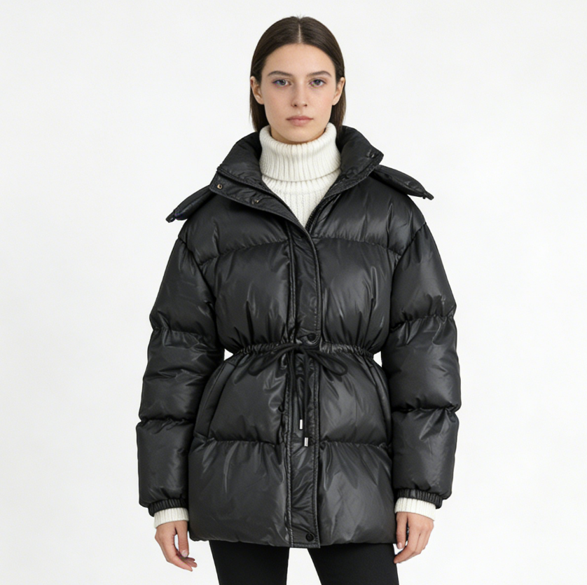 Hooded Drawstring Slim Zip-Up Cotton-Padded Coat - Black