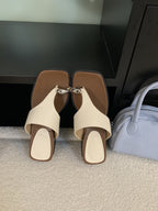 Korean Wedge Square-Toe Microfiber Slide Sandals - Apricot
