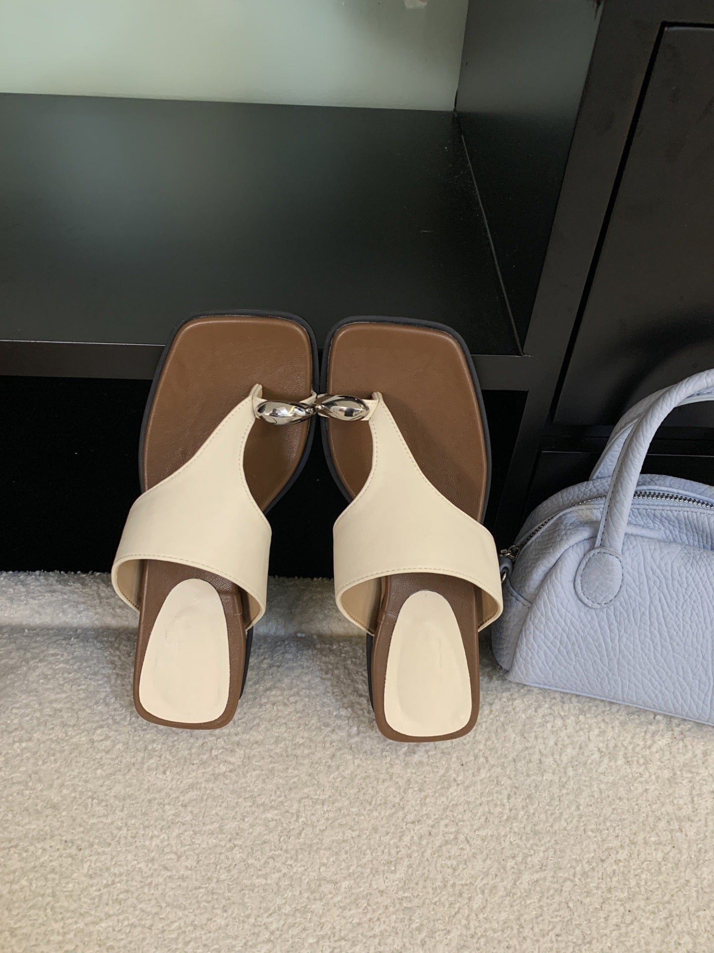 Korean Wedge Square-Toe Microfiber Slide Sandals - Apricot