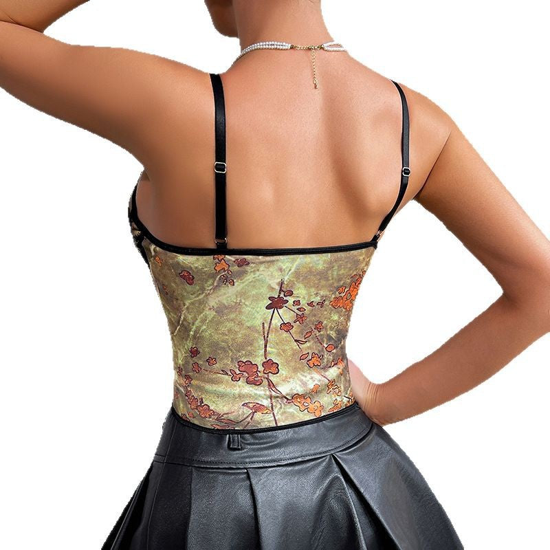 Printed Fishbone Underwire Backless Strap Tank Top
