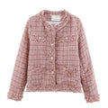 Plaid Tweed Loose Long Sleeve Cardigan Coat - Pink