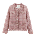 Plaid Tweed Loose Long Sleeve Cardigan Coat - Pink