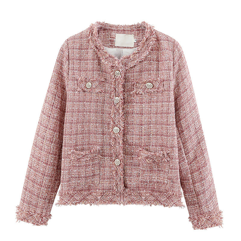 Plaid Tweed Loose Long Sleeve Cardigan Coat - Pink