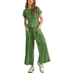 Sleeveless Top & Pleated High-Waist Wide-Leg Pants Set - Green