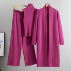 Knit Vest & Long Cardigan & Wide-Leg Pants 3-Piece Set - Rose Red