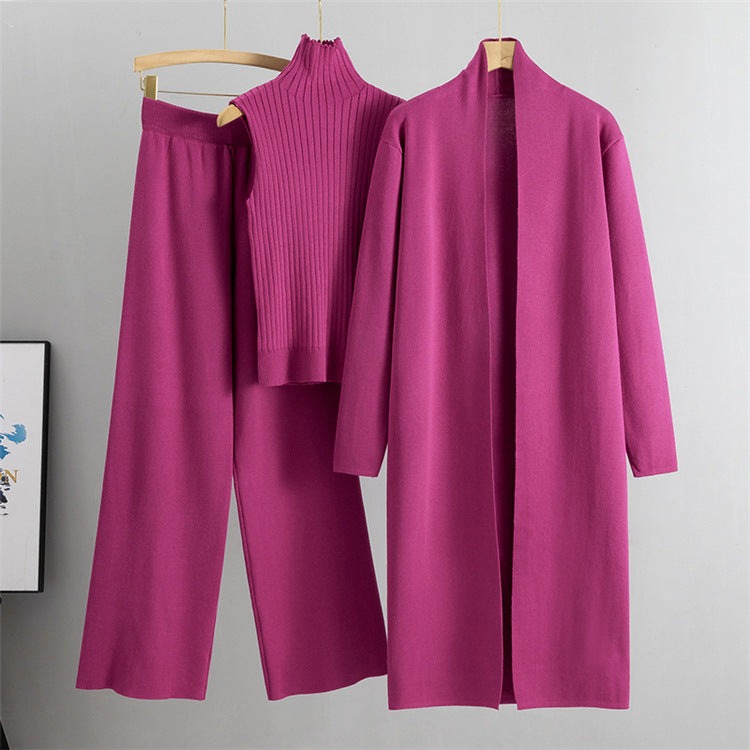Knit Vest & Long Cardigan & Wide-Leg Pants 3-Piece Set - Rose Red