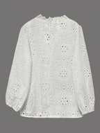 Lace Hollow-Out Patchwork Long Sleeve Top - White