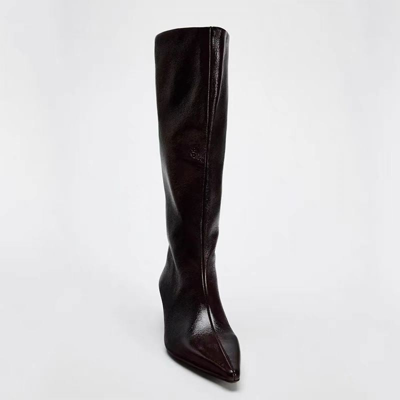 British Style Pointed Toe Mid-Heel Knee-High Boots