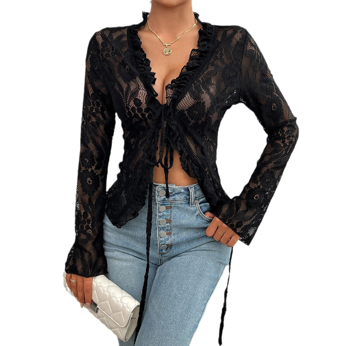 Bell Sleeve Slim-Fit Lace Top - Black