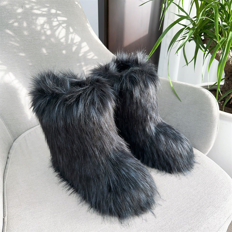 Faux Raccoon Fur Fluffy Short Snow Boots