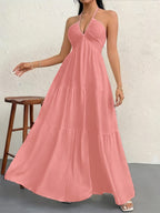 Women's Backless Halterneck Maxi Dress - Pink